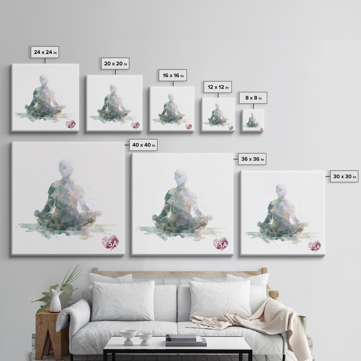 Soft Watercolor Aura Around Seated Figure Canvas Print, Yoga Studio Art, Living Room Wall Art, Yoga Studio Decor, Balance, YSA-1x1-23