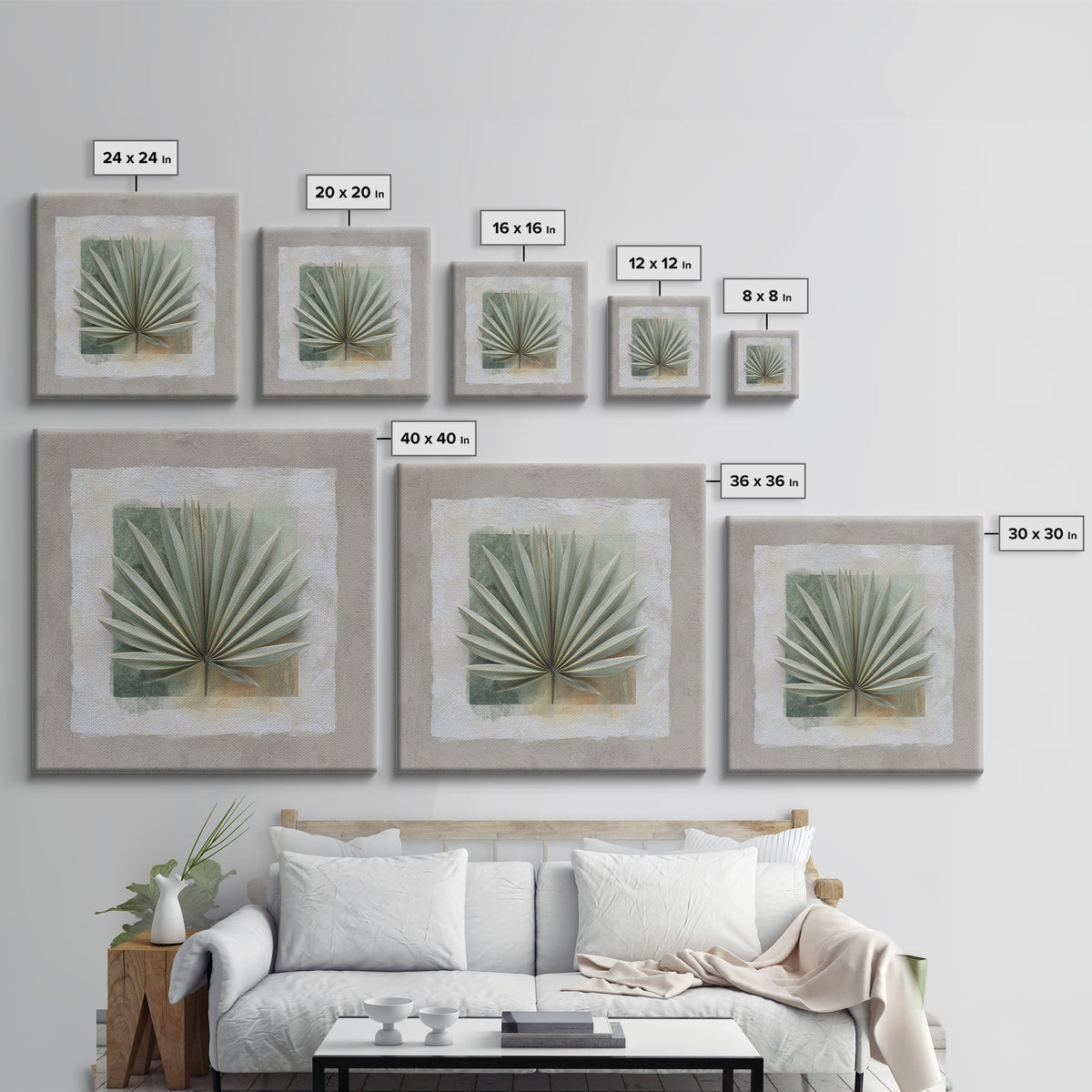 Gentle Palm Leaf Shadow on Plaster Framed Canvas Print, Yoga Studio Art, Art Print, Yoga Studio Decor, Oil Painting, Balance, YSA-1x1-48