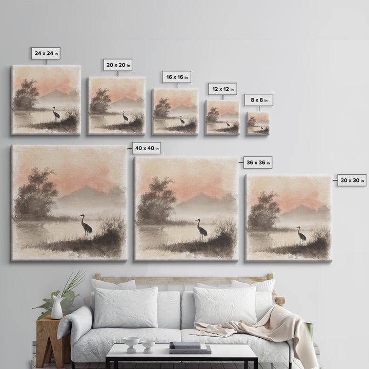 White Crane in Misty Morning Framed Canvas Print, Yoga Studio Art, Gym Art, Yoga Studio Decor, Balance, Minimalist Decor, YSA-1x1-63