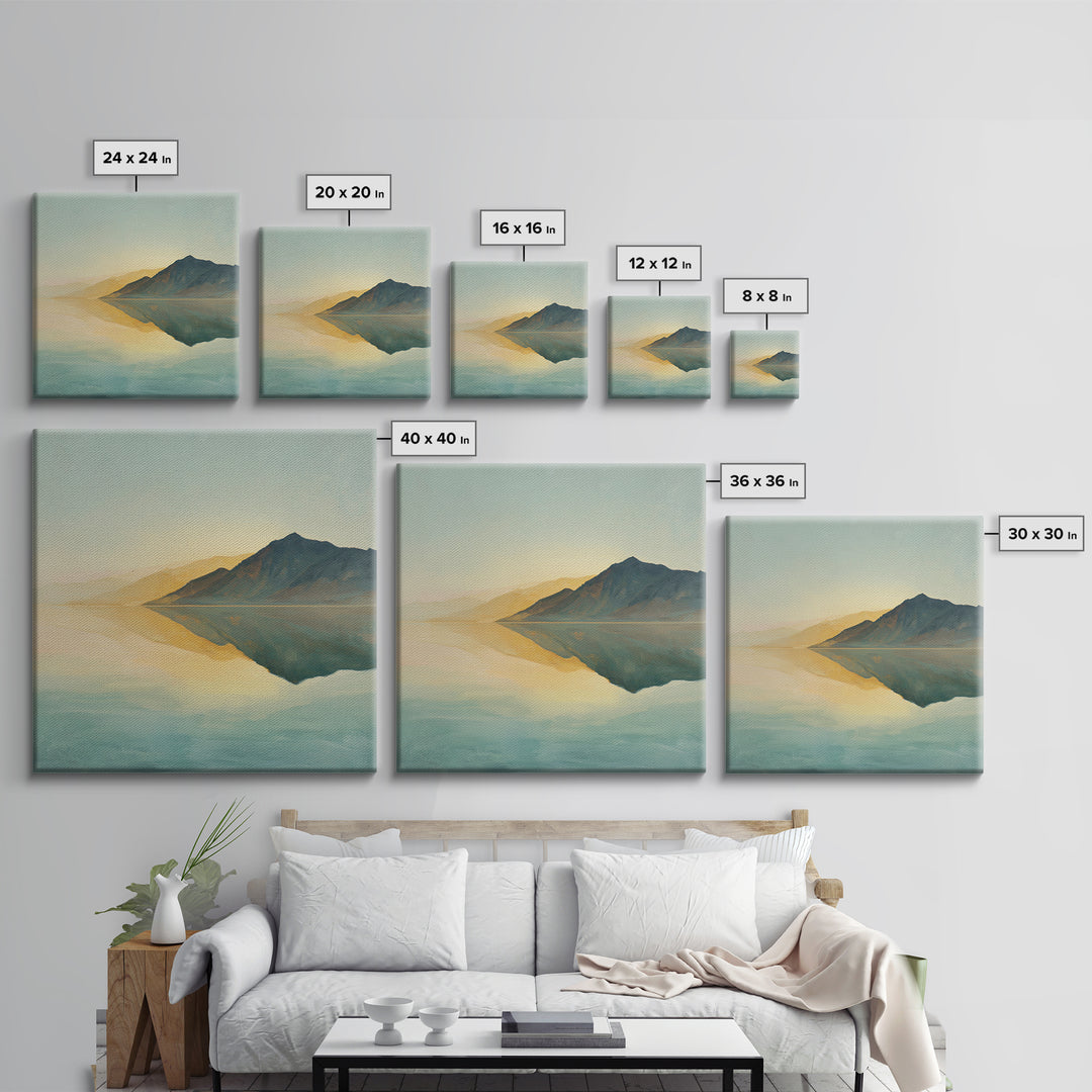 Sunrise Mountain Lake Reflection Framed Canvas Print, Yoga Studio Art, Boho Art, Yoga Studio Decor, Oil Painting, Balance, YSA-1x1-68
