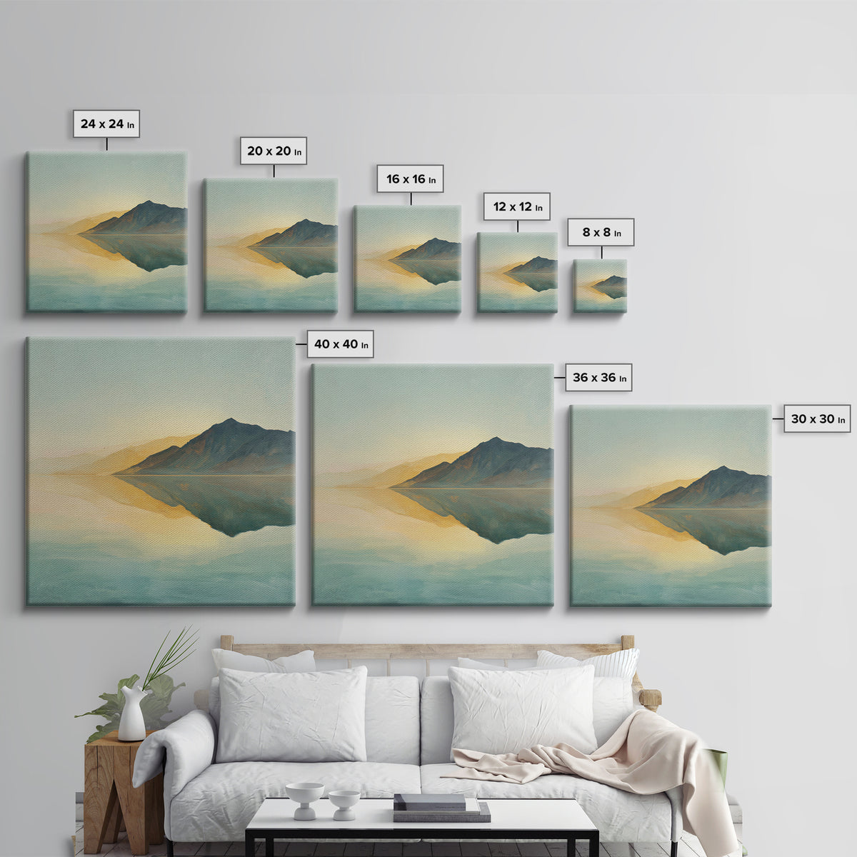 Sunrise Mountain Lake Reflection Framed Canvas Print, Yoga Studio Art, Boho Art, Yoga Studio Decor, Oil Painting, Balance, YSA-1x1-68