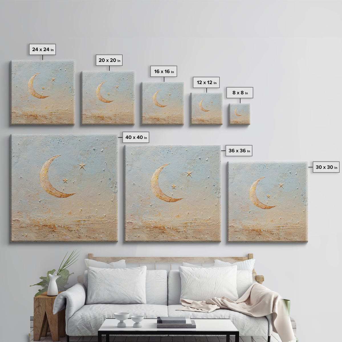 Crescent Moon and Stars Canvas Print, Yoga Studio Art, Southwest Decor, Yoga Studio Decor, Fine Art, Balance, Textured Painting, YSA-1x1-90