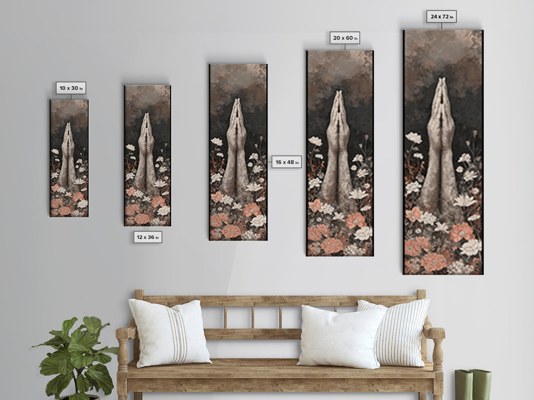 Yoga Hands in Prayer with Small Flowers Canvas Print, Yoga Studio Art, Feminine Wall Art, Yoga Studio Decor, Oil Painting, YSA-1x3-95