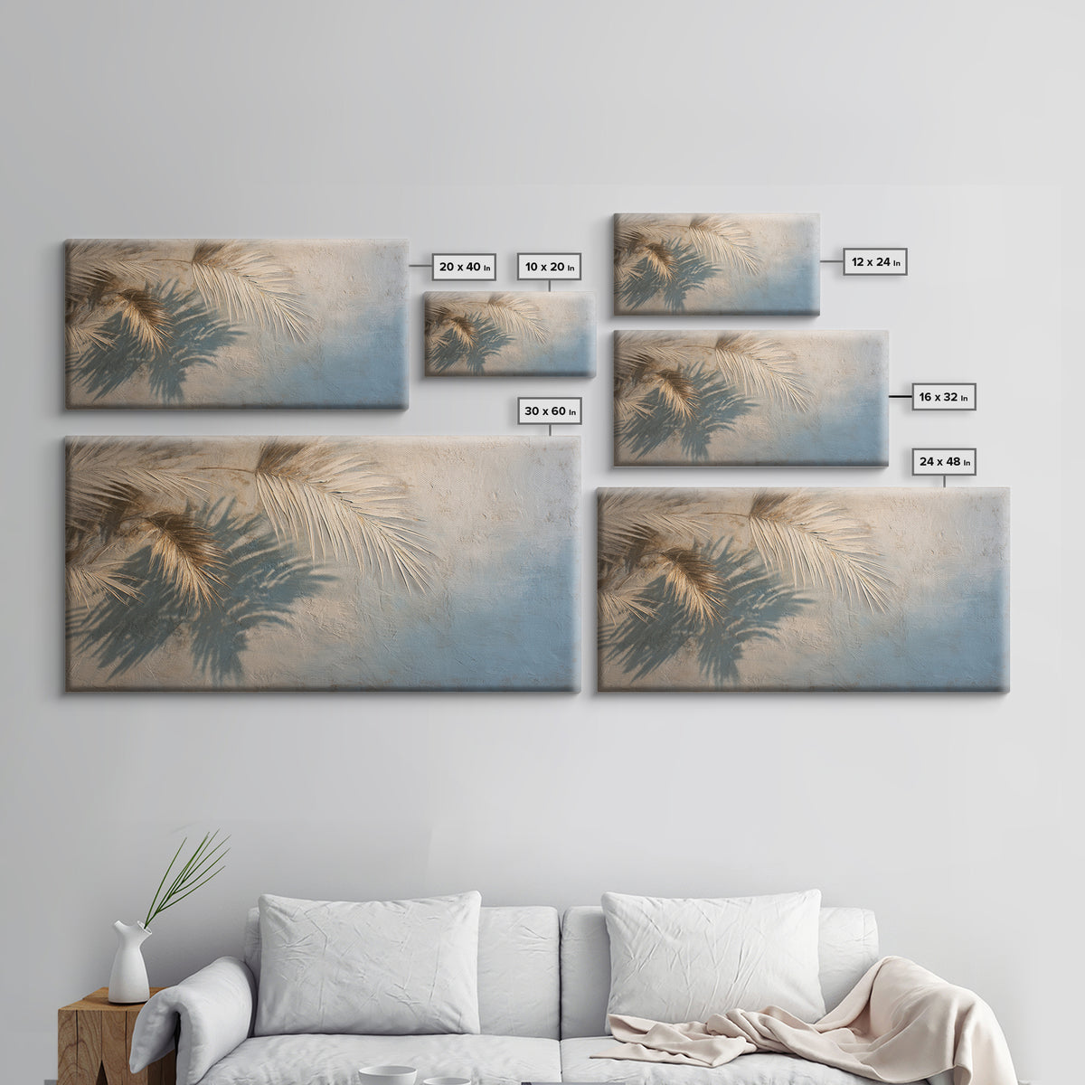 Gentle Palm Leaf Shadow on Plaster Canvas Print, Yoga Studio Art, Wall Art Print, Yoga Studio Decor, Watercolor Art, Balance, YSA-2x1-68