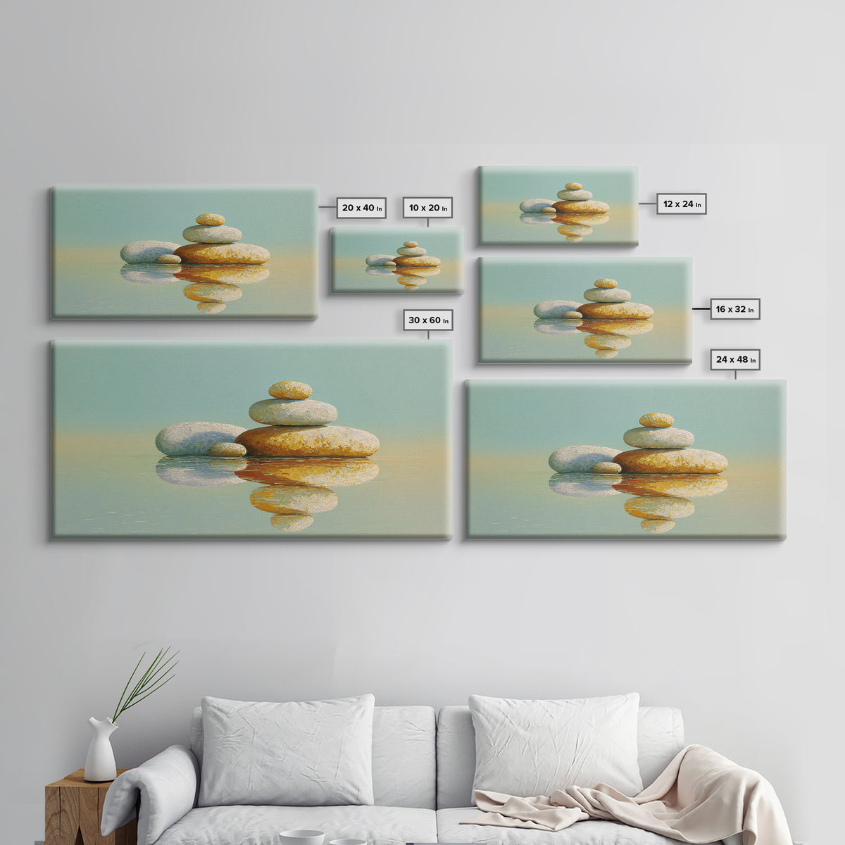 Balanced Stones Beside Calm Water Framed Canvas Print, Yoga Studio Art, Living Room Wall Art, Yoga Studio Decor, Balance, YSA-2x1-72