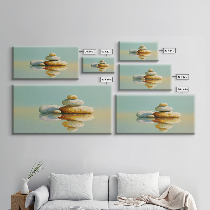 Balanced Stones Beside Calm Water Framed Canvas Print, Yoga Studio Art, Living Room Wall Art, Yoga Studio Decor, Balance, YSA-2x1-72