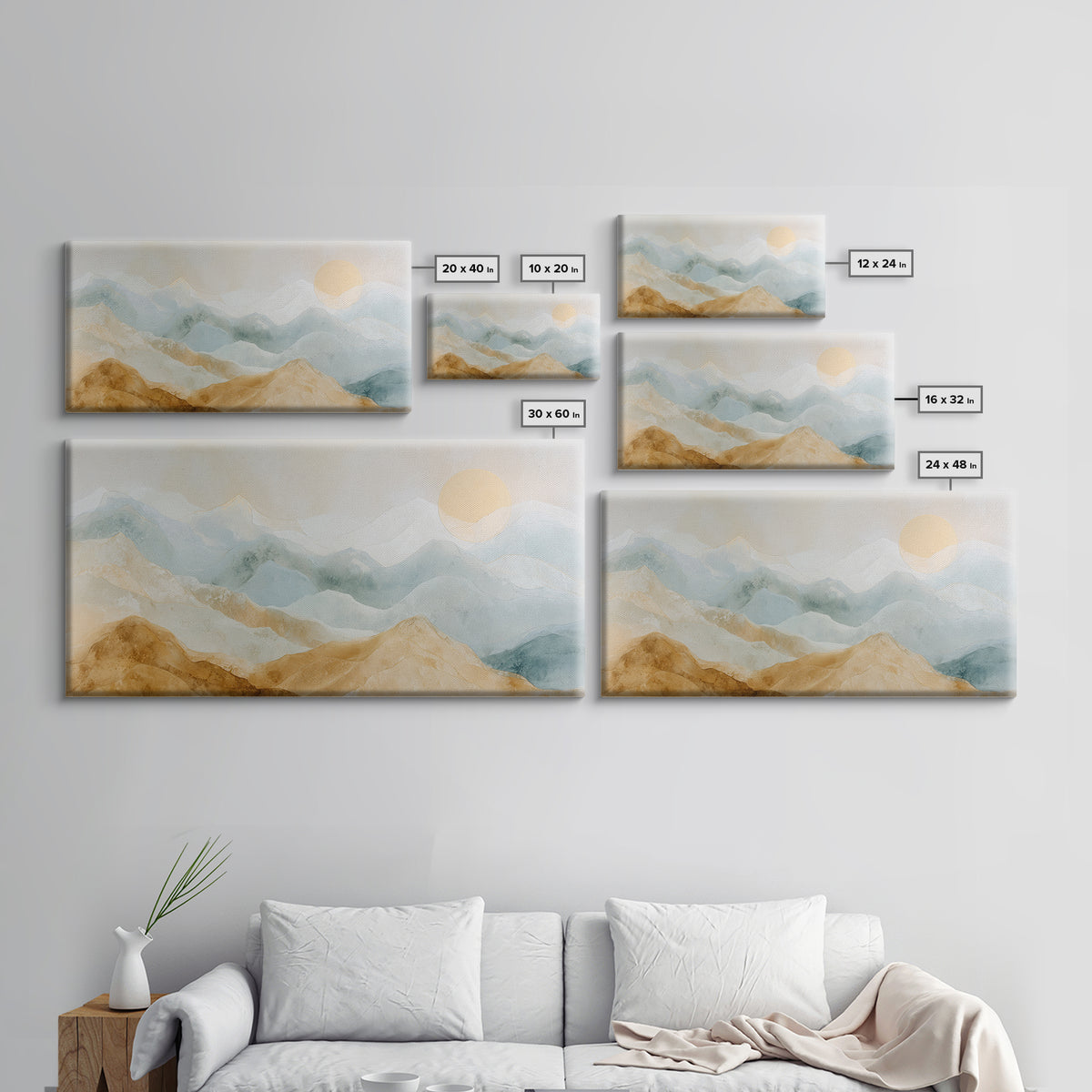 Moon Phase Arc Above Mountain Silhouette Framed Canvas Print, Yoga Studio Art, Metal Wall Decor, Yoga Studio Decor, Balance, YSA-2x1-97