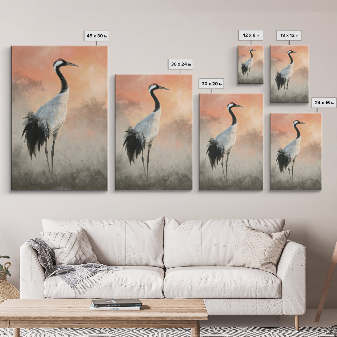 White Crane in Misty Morning Canvas Print, Yoga Studio Art, Mandala Wall Art, Yoga Studio Decor, Oil Painting, Balance, YSA-2x3-95
