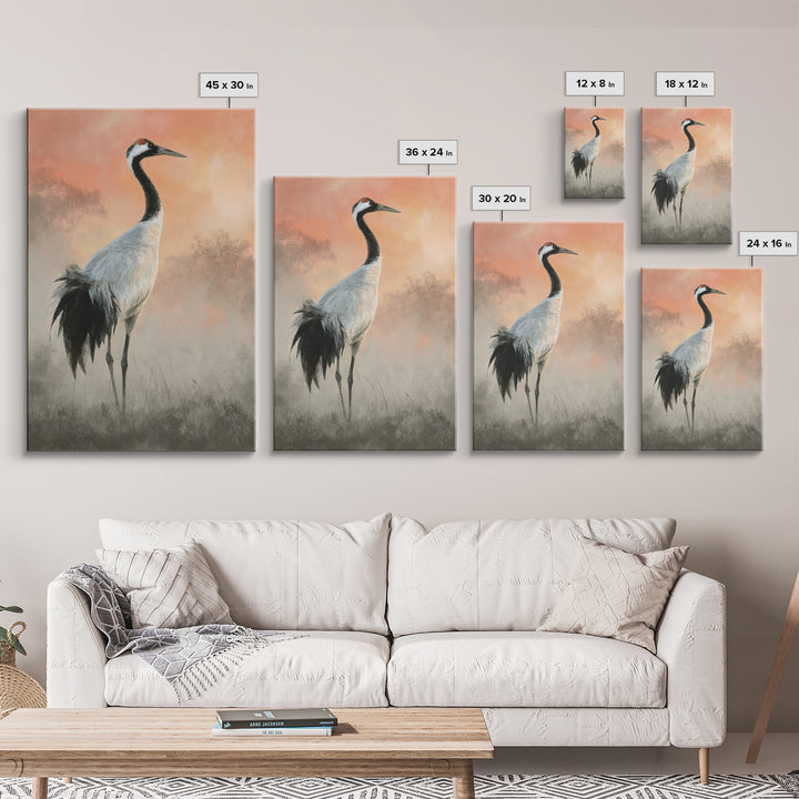 White Crane in Misty Morning Canvas Print, Yoga Studio Art, Mandala Wall Art, Yoga Studio Decor, Oil Painting, Balance, YSA-2x3-95