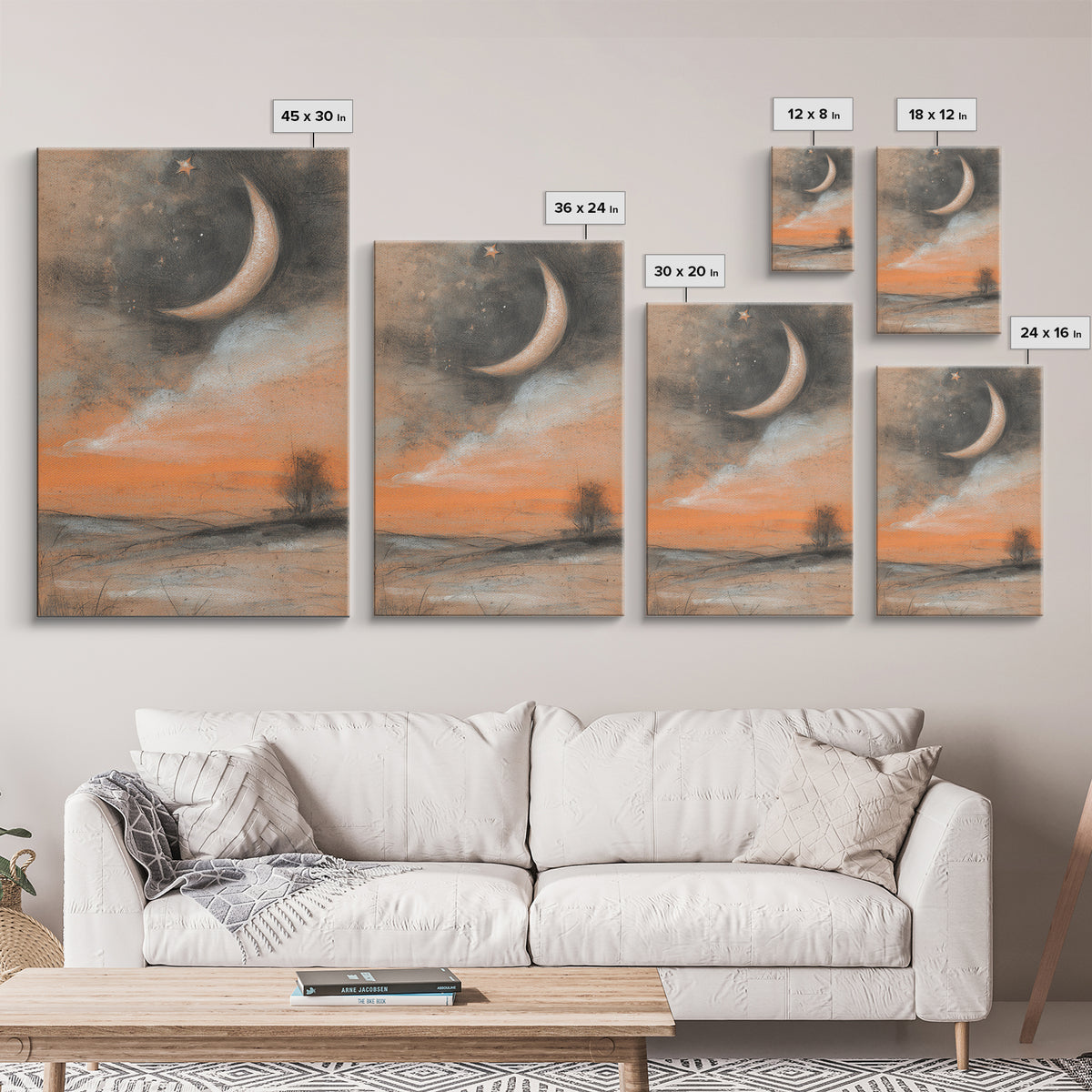 Crescent Moon and Stars Framed Canvas Print, Yoga Studio Art, Printable Wall Art, Yoga Studio Decor, Watercolor Art, Balance, YSA-2x3-98