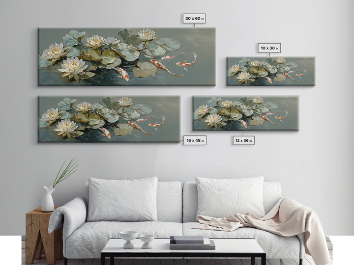 Lotus and Koi Water Scene Canvas Print, Yoga Studio Art, Boho Wall Hanging, Yoga Studio Decor, Fine Art, Balance, YSA-3x1-14