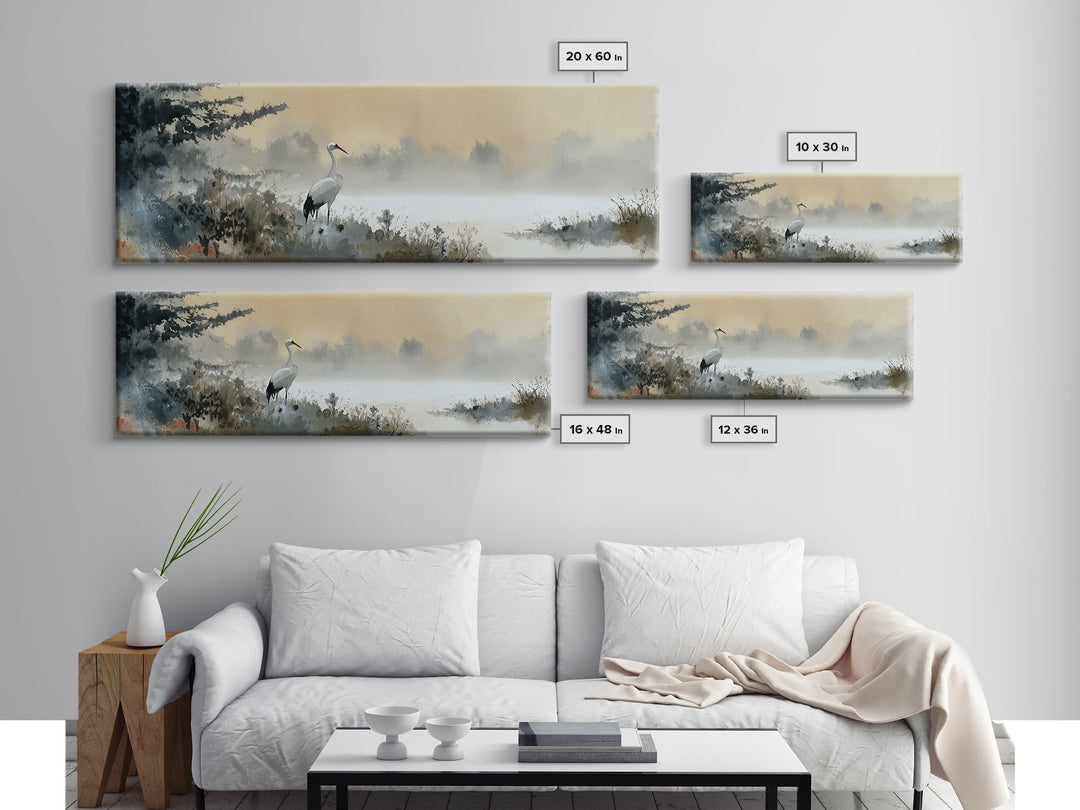 White Crane in Misty Morning Framed Canvas Print, Yoga Studio Art, Minimalist Wall Art, Yoga Studio Decor, Oil Painting, YSA-3x1-79