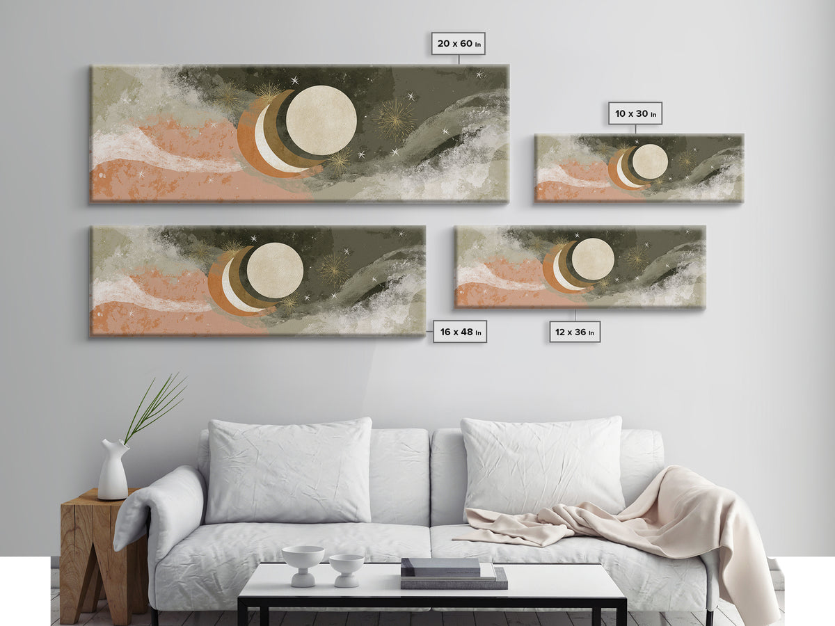 Crescent Moon and Stars Framed Canvas Print, Yoga Studio Art, Metal Wall Decor, Yoga Studio Decor, Fine Art, Balance, YSA-3x1-82
