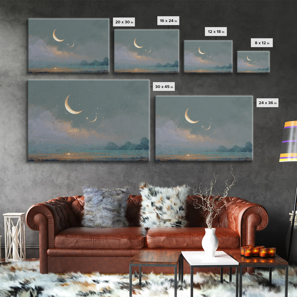 Crescent Moon and Stars Framed Canvas Print, Yoga Studio Art, Large Wall Decor, Yoga Studio Decor, Fine Art, Balance, YSA-3x2-46