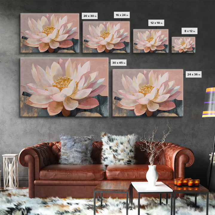 Lotus Flower with Soft Golden Glow Framed Canvas Print, Yoga Studio Art, Yoga Studio Decor, Watercolor Art, Balance, YSA-3x2-55