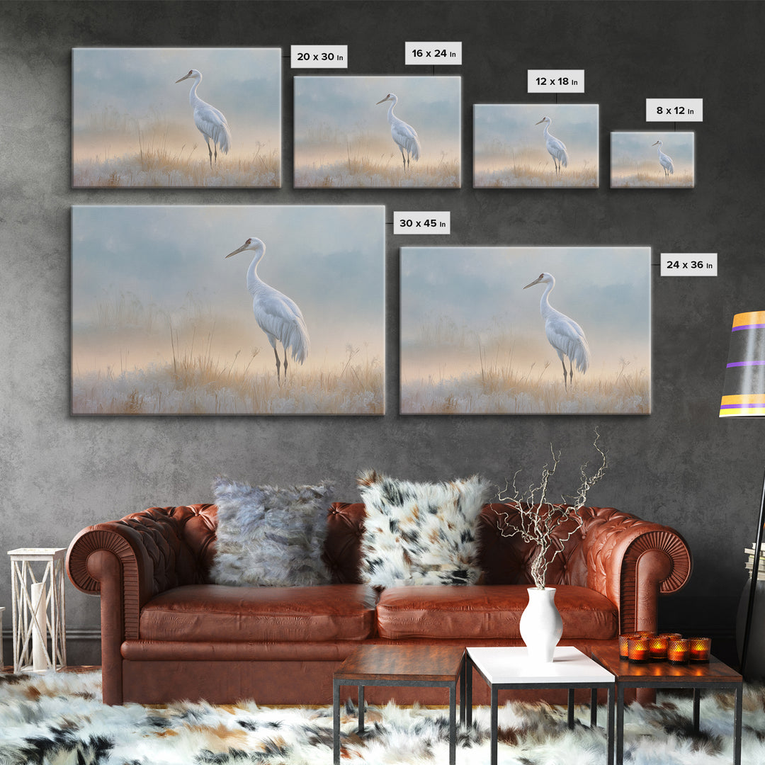 White Crane in Misty Morning Framed Canvas Print, Yoga Studio Art, Art Print, Yoga Studio Decor, Oil Painting, Balance, YSA-3x2-91