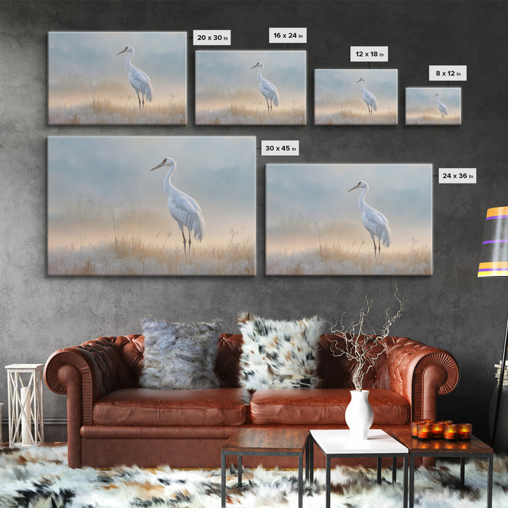 White Crane in Misty Morning Framed Canvas Print, Yoga Studio Art, Art Print, Yoga Studio Decor, Oil Painting, Balance, YSA-3x2-91