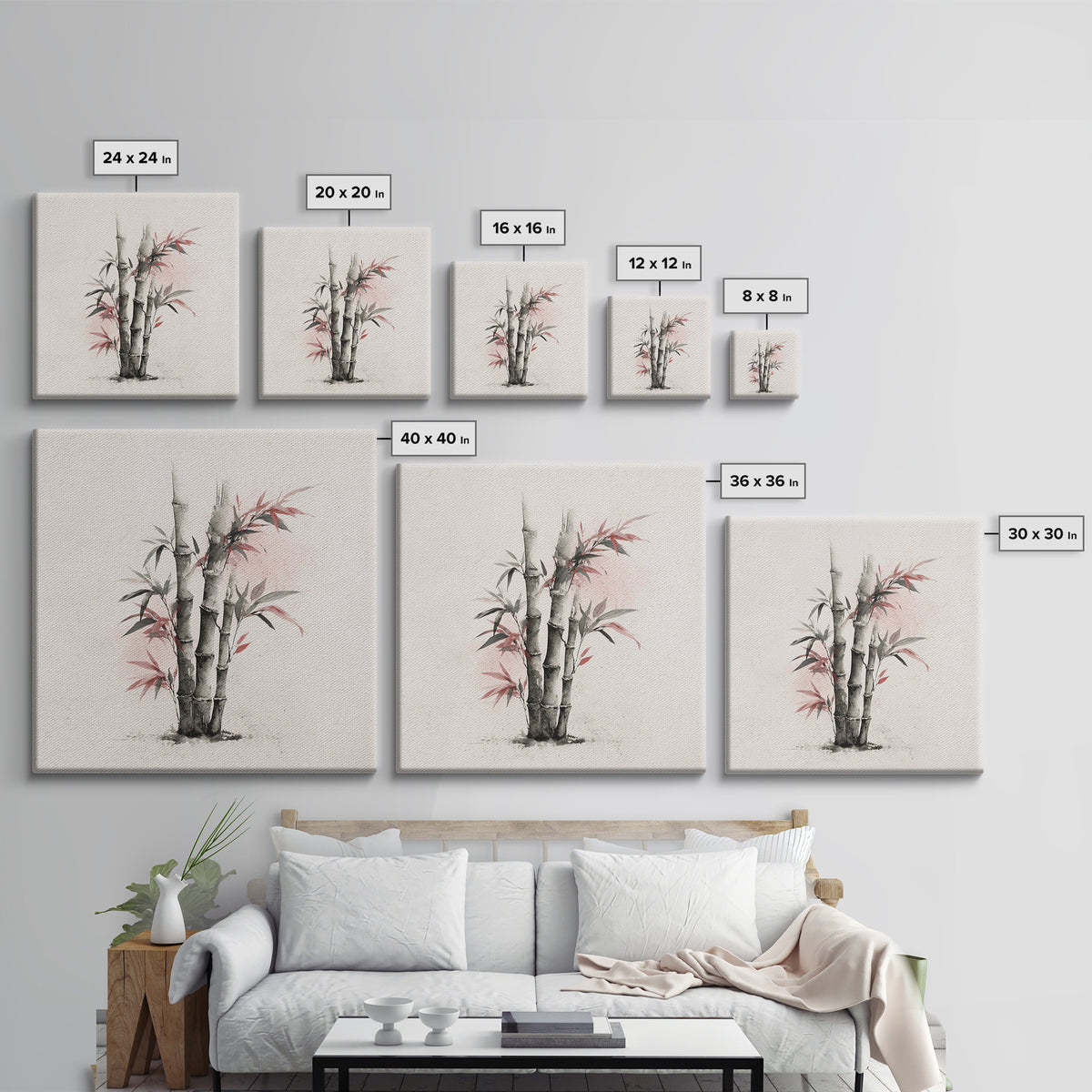 Bamboo Stalks in Sparse Ink Wash Framed Canvas Print, Zen Art, Flower Print, Living Room Decor, Fine Art, Zen, ZEN-1x1-2
