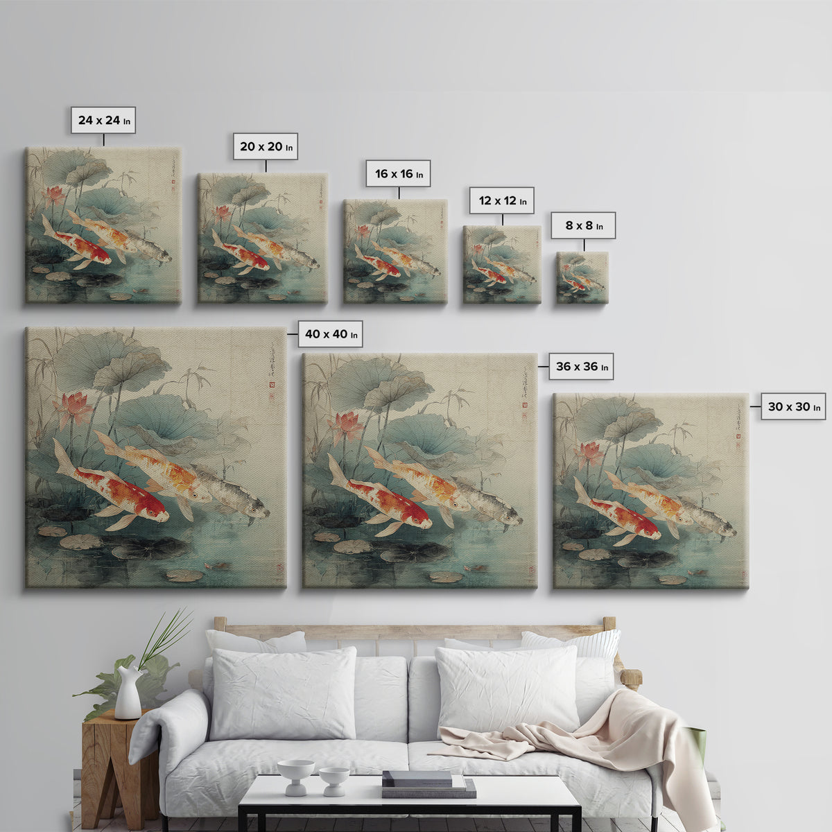 Koi Fish Beneath Floating Lotus Leaves Framed Canvas Print, Zen Art, Metal Wall Art, Living Room Decor, Oil Painting, Zen, ZEN-1x1-28