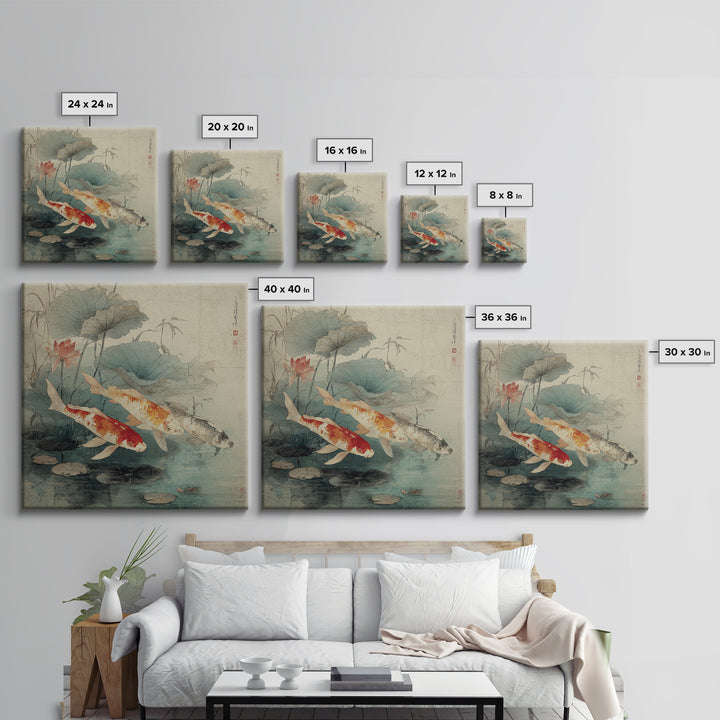 Koi Fish Beneath Floating Lotus Leaves Framed Canvas Print, Zen Art, Metal Wall Art, Living Room Decor, Oil Painting, Zen, ZEN-1x1-28