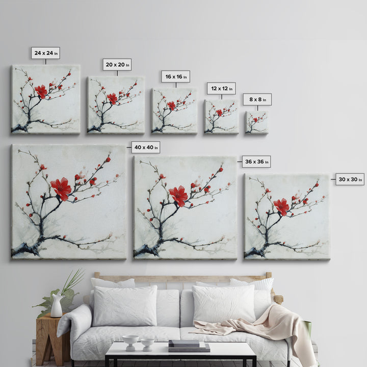 Black Branch with One Red Blossom Framed Canvas Print, Zen Art, Art Print, Living Room Decor, Fine Art, Zen, Boho Wall Decor, ZEN-1x1-33