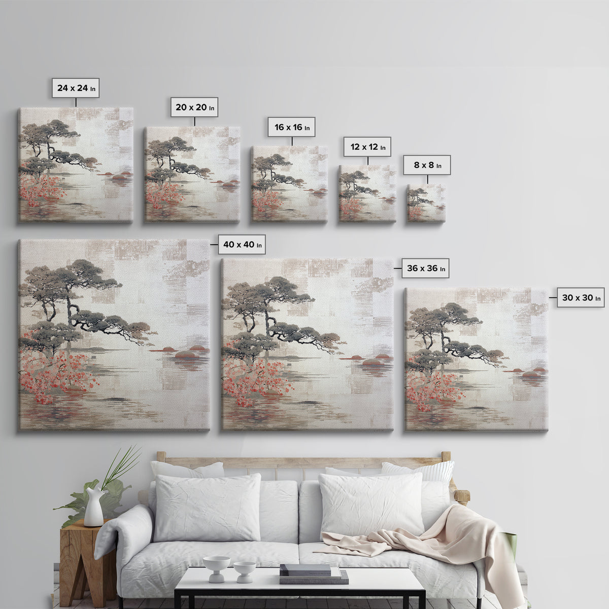 Soft Pine Silhouette Framed Canvas Print, Zen Art, Wabi Sabi Wall Art, Living Room Decor, Fine Art, Zen, Statement Artwork, ZEN-1x1-39