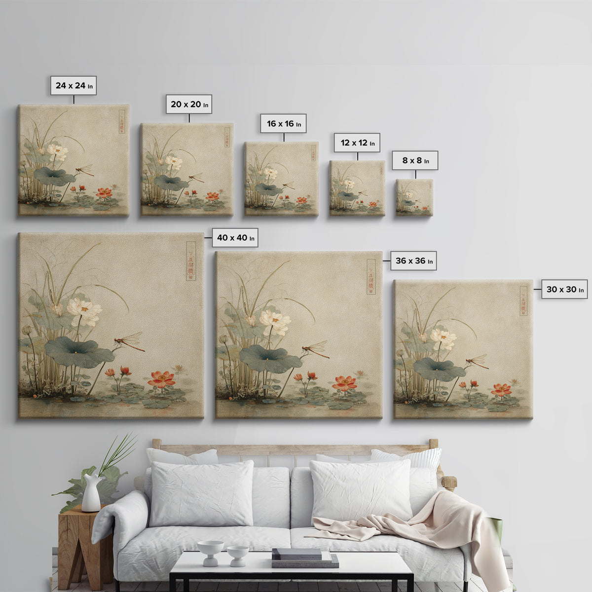 Dragonfly over Lotus Pond Framed Canvas Print, Zen Art, Japandi Wall Art, Living Room Decor, Fine Art, Zen, Neutral Decor, ZEN-1x1-64
