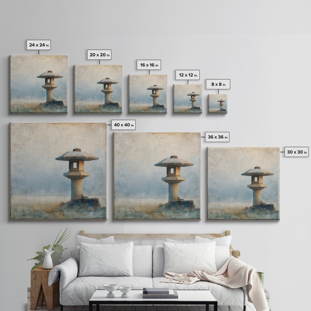 Stone Lantern in Morning Fog Without Garden Framed Canvas Print, Zen Art, Contemporary Art, Living Room Decor, Fine Art, Zen, ZEN-1x1-66