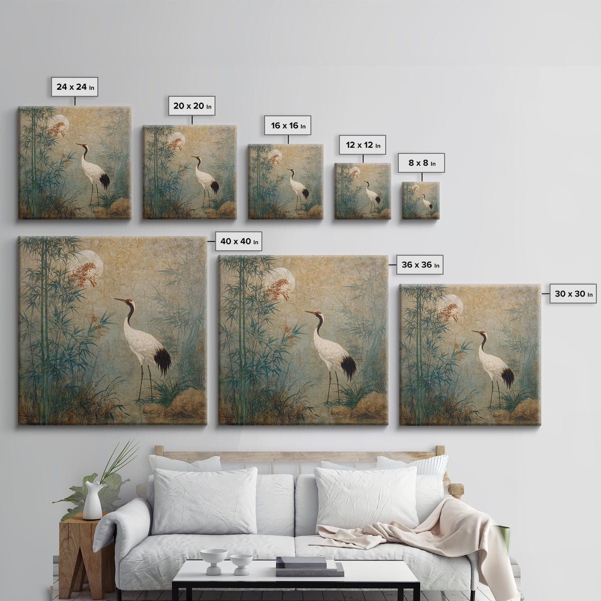 White Crane Standing Framed Canvas Print, Zen Art, Luxury Decor, Living Room Decor, Oil Painting, Zen, Large Wall Art, ZEN-1x1-79