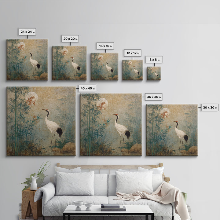 White Crane Standing Framed Canvas Print, Zen Art, Luxury Decor, Living Room Decor, Oil Painting, Zen, Large Wall Art, ZEN-1x1-79