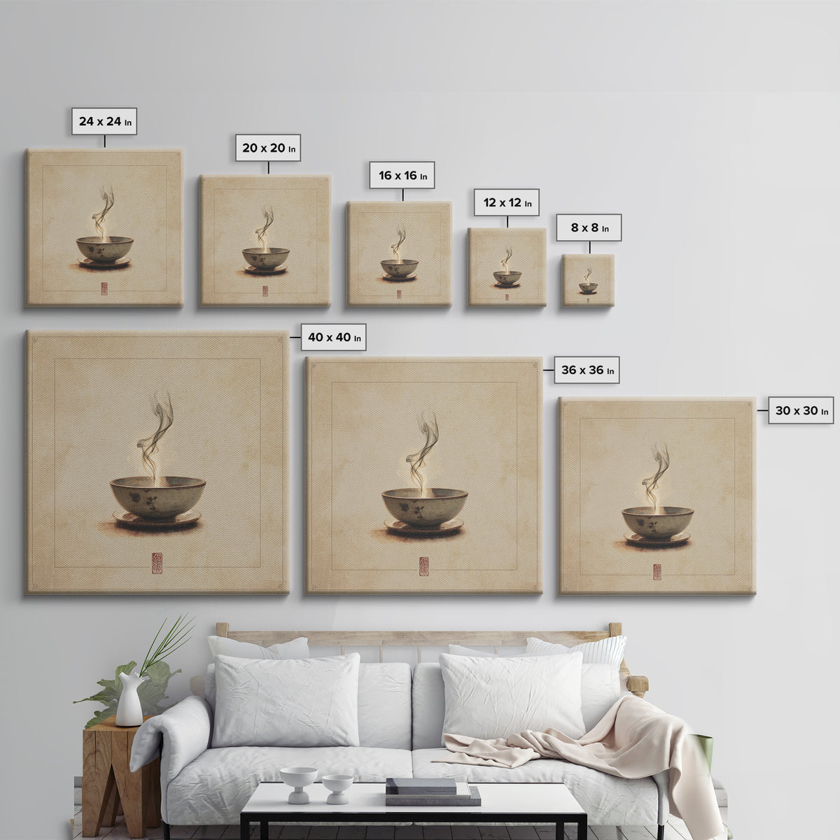 Tea Bowl with Steam Rising Gently Framed Canvas Print, Zen Art, Statement Artwork, Living Room Decor, Fine Art, Zen, ZEN-1x1-80