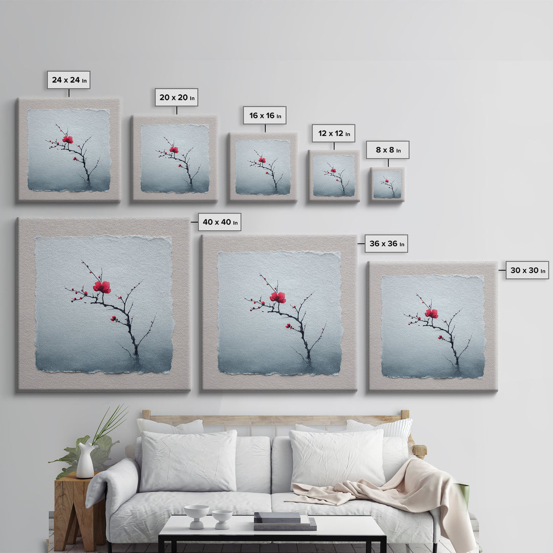 Black Branch with One Red Blossom Canvas Print, Zen Art, Abstract Art, Living Room Decor, Oil Painting, Zen, Wabi Sabi Wall Art, ZEN-1x1-81