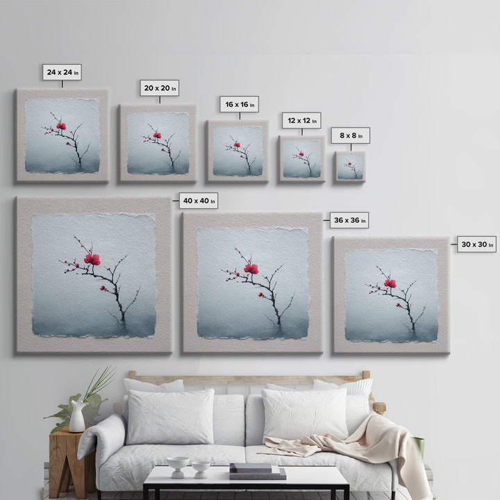 Black Branch with One Red Blossom Canvas Print, Zen Art, Abstract Art, Living Room Decor, Oil Painting, Zen, Wabi Sabi Wall Art, ZEN-1x1-81