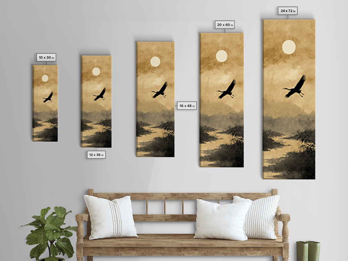 Crane Flying Across Pale Sun Canvas Print, Zen Art, Beach Decor, Living Room Decor, Abstract Art, Zen, Modern Decor, ZEN-1x3-60