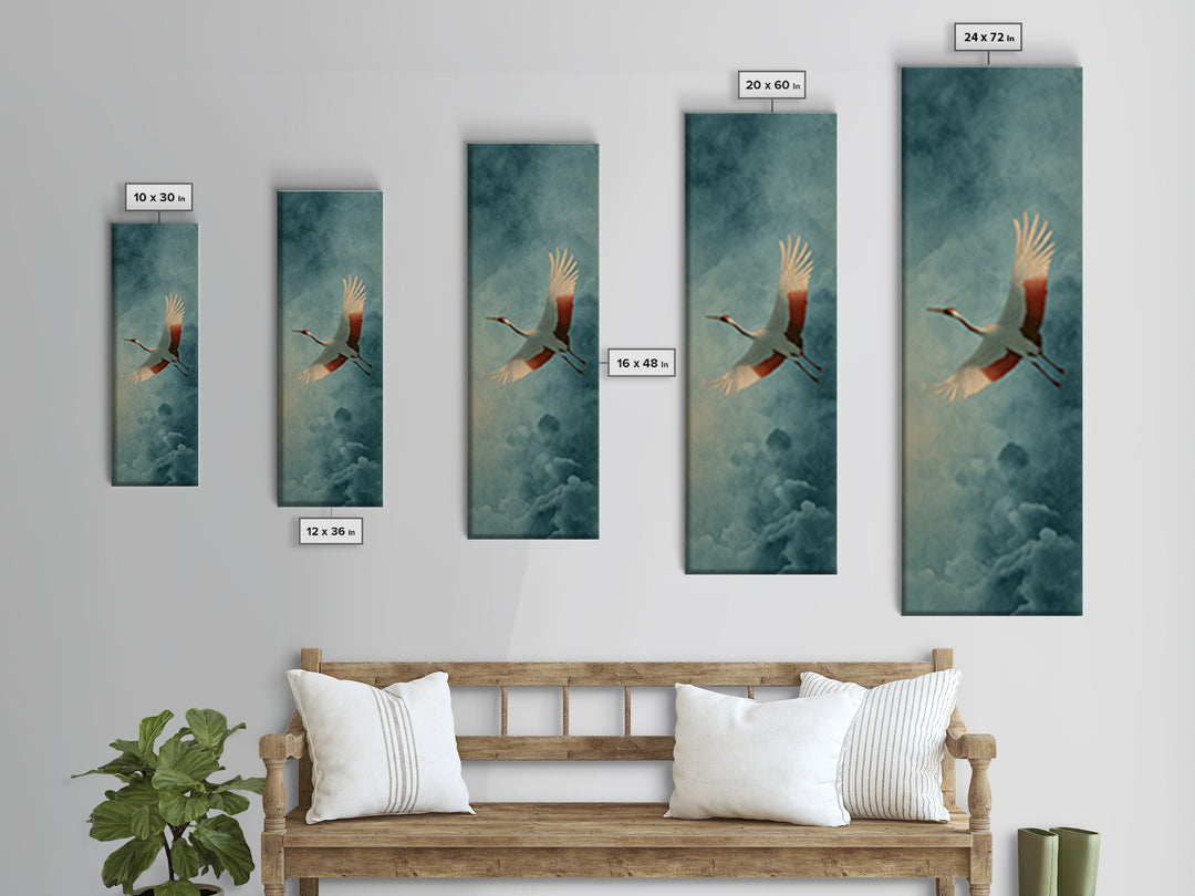 Crane Flying Across Pale Sun Framed Canvas Print, Zen Art, Flower Print, Living Room Decor, Fine Art, Zen, Textured Painting, ZEN-1x3-84