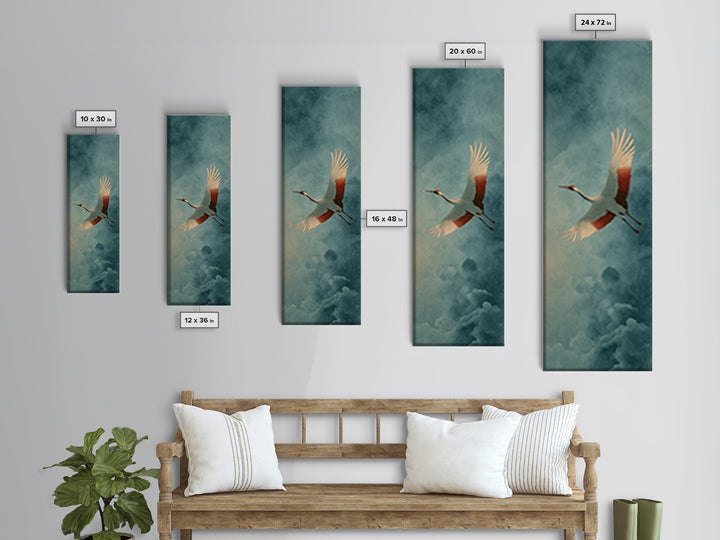 Crane Flying Across Pale Sun Framed Canvas Print, Zen Art, Flower Print, Living Room Decor, Fine Art, Zen, Textured Painting, ZEN-1x3-84