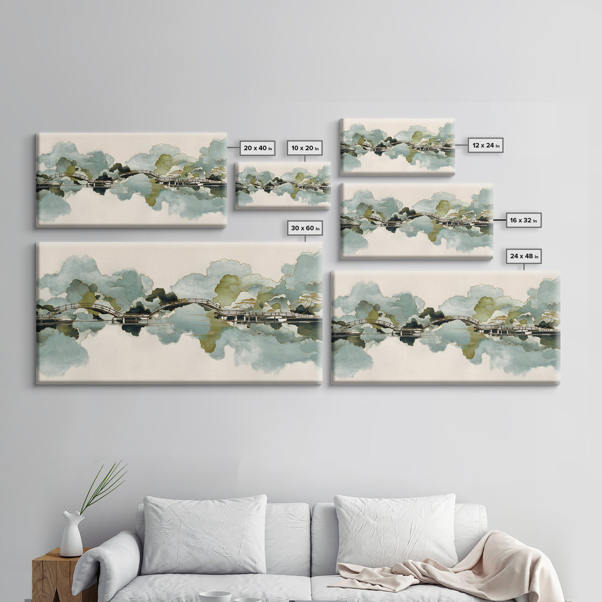 Japanese Garden Bridge Implied Through Shapes Framed Canvas Print, Zen Art, Art Print, Living Room Decor, Watercolor Art, Zen, ZEN-2x1-10