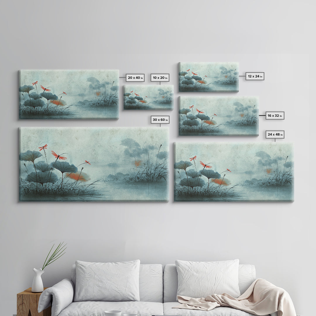 Dragonfly over Lotus Pond Framed Canvas Print, Zen Art, Room Decor, Living Room Decor, Fine Art, Zen, Canvas Wall Art, ZEN-2x1-12
