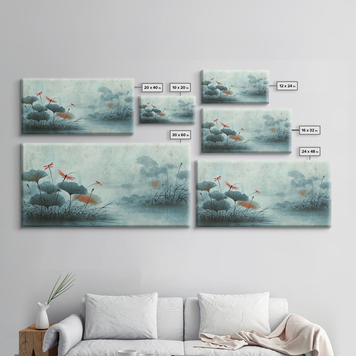Dragonfly over Lotus Pond Framed Canvas Print, Zen Art, Room Decor, Living Room Decor, Fine Art, Zen, Canvas Wall Art, ZEN-2x1-12