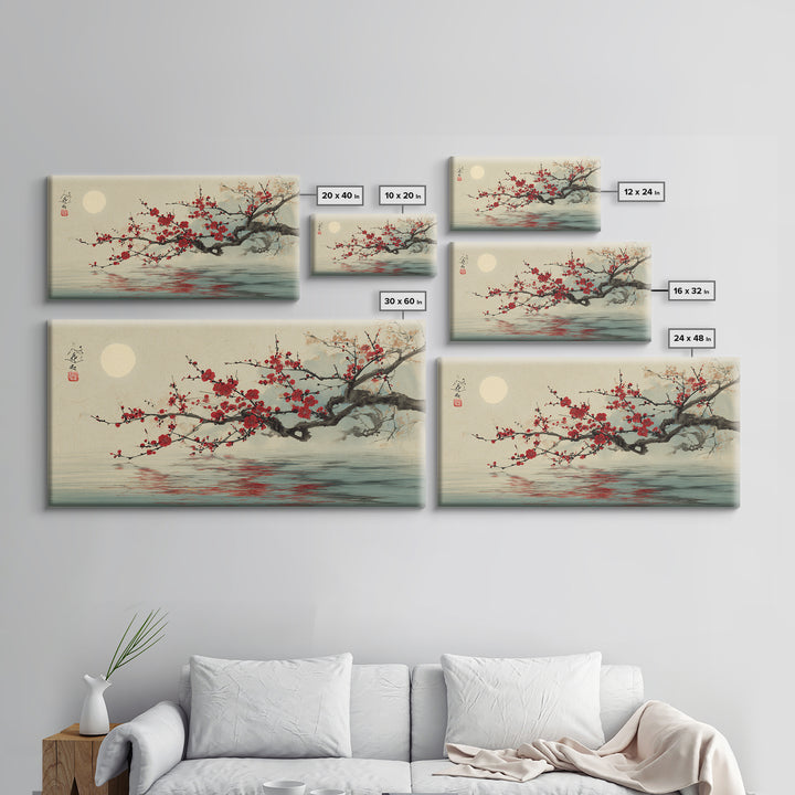 Black Branch with One Red Blossom Framed Canvas Print, Zen Art, Japanese Wall Art, Living Room Decor, Watercolor Art, Zen, ZEN-2x1-29