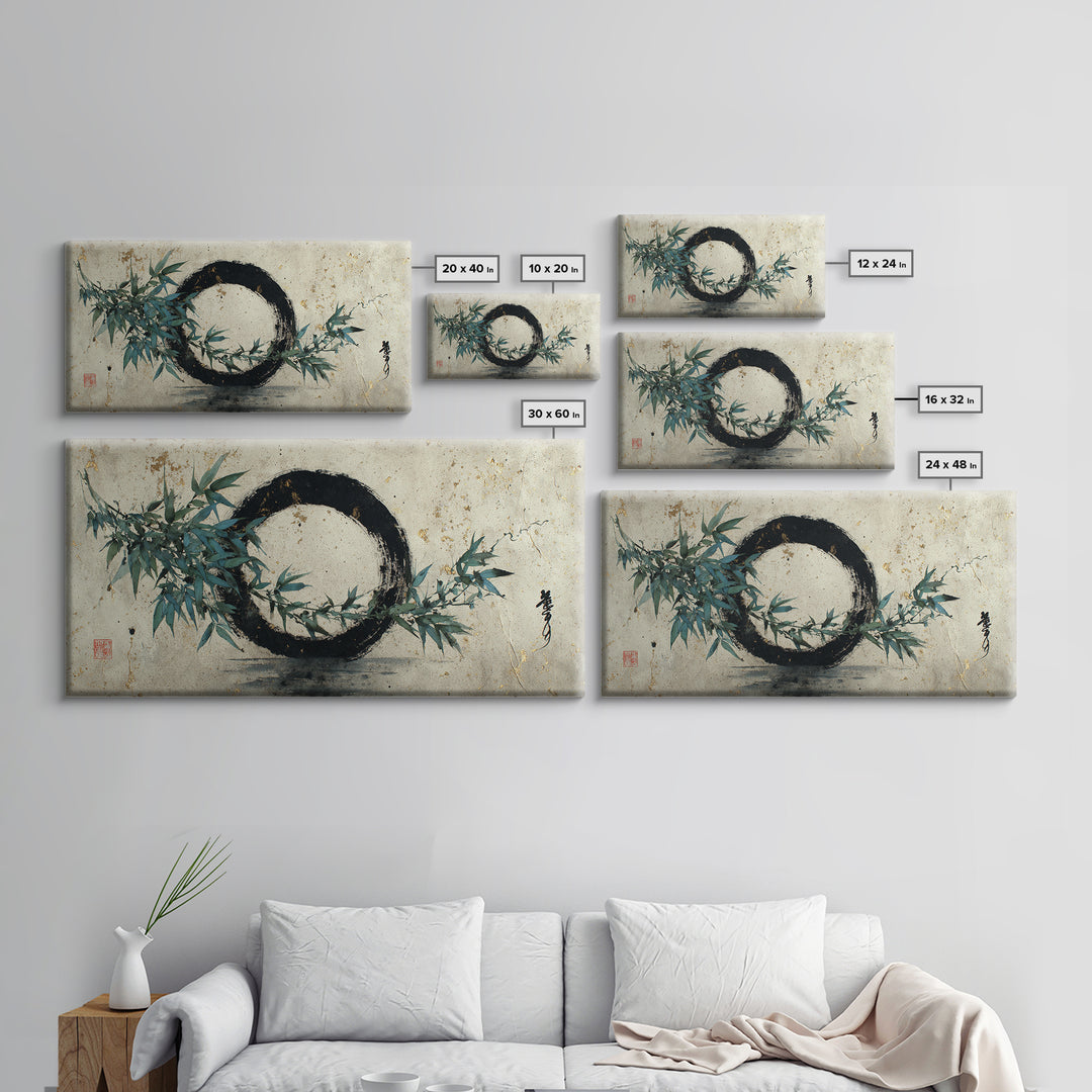 Single Black Ens Circle on Warm Paper Framed Canvas Print, Zen Art, Japandi Wall Art, Living Room Decor, Fine Art, Zen, ZEN-2x1-45