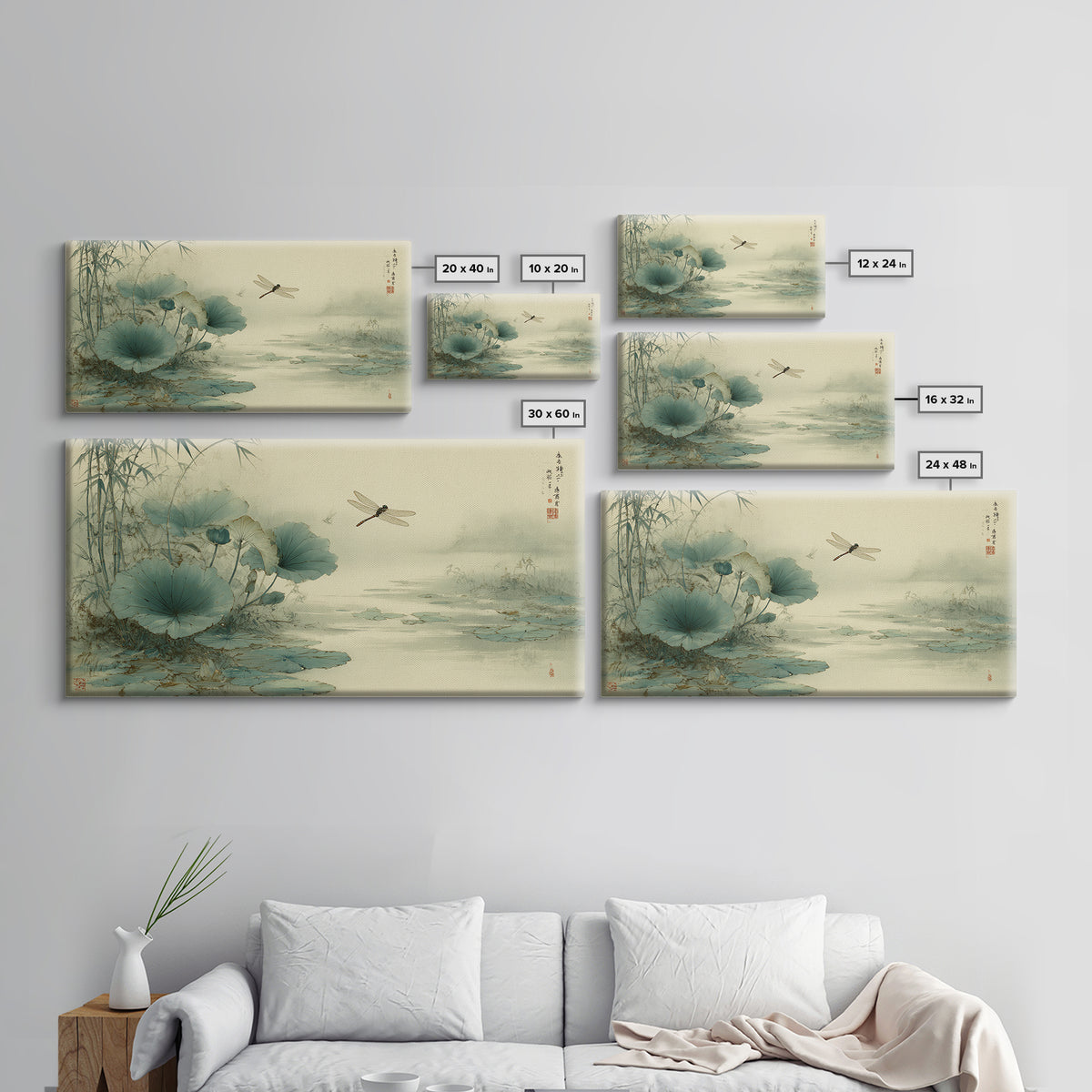 Dragonfly over Lotus Pond Framed Canvas Print, Zen Art, Large Wall Art, Living Room Decor, Oil Painting, Zen, Beach Decor, ZEN-2x1-60