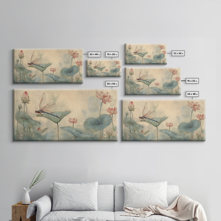 Dragonfly over Lotus Pond Framed Canvas Print, Zen Art, Japandi Wall Art, Living Room Decor, Fine Art, Zen, Neutral Decor, ZEN-2x1-84