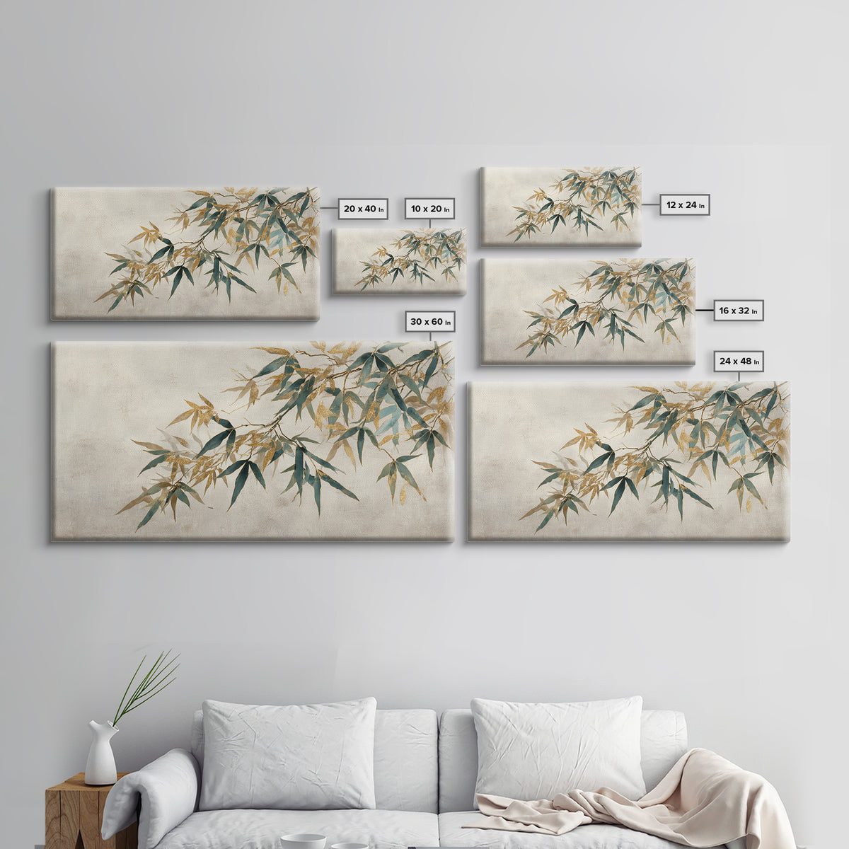 Minimal Bamboo Leaves Framed Canvas Print, Zen Art, Extra Large Wall Art, Living Room Decor, Fine Art, Zen, Boho Decor, ZEN-2x1-85