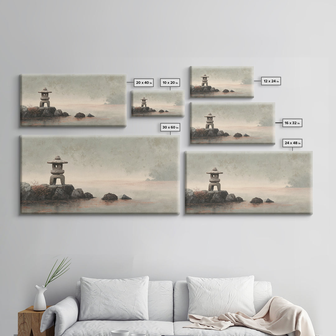 Stone Lantern in Morning Fog Without Garden Framed Canvas Print, Zen Art, Digital Print, Living Room Decor, Fine Art, Zen, ZEN-2x1-86