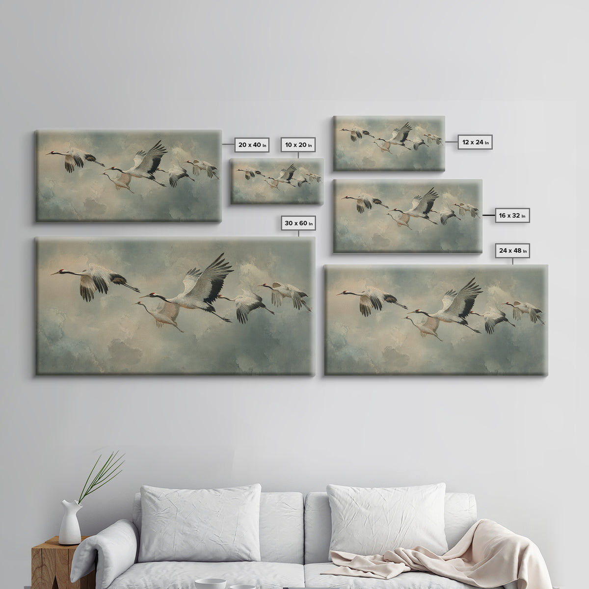 Crane Flying Across Pale Sun Framed Canvas Print, Zen Art, Japanese Wall Art, Living Room Decor, Oil Painting, Zen, ZEN-2x1-92