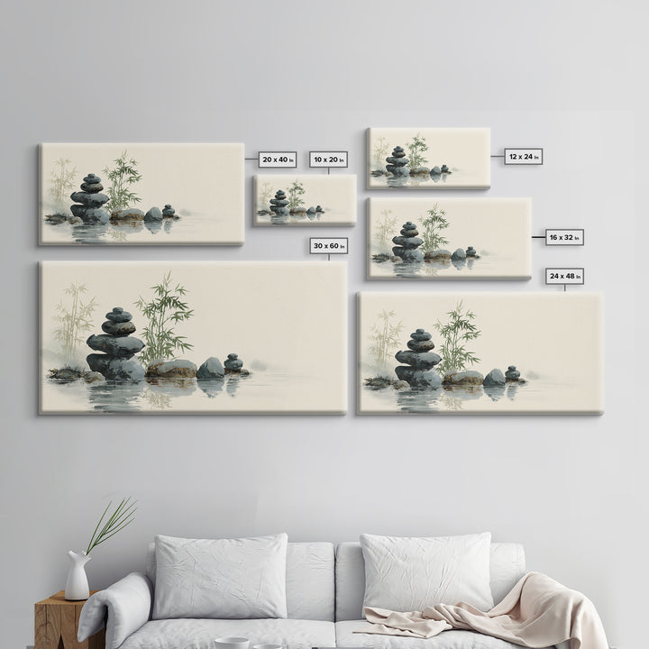 Stacked Stones Beside Still Water Framed Canvas Print, Zen Art, Statement Artwork, Living Room Decor, Fine Art, Zen, ZEN-2x1-95