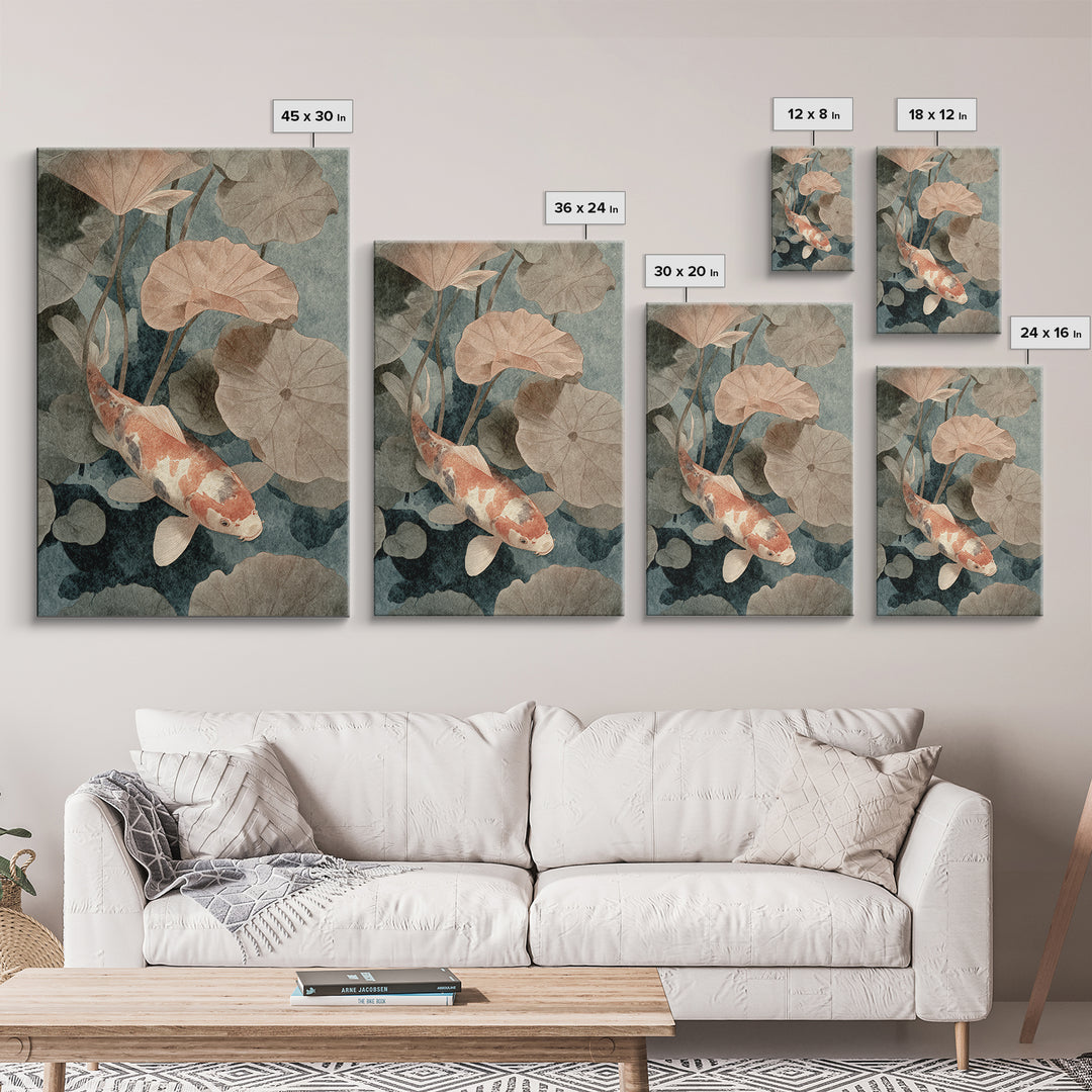 Koi Fish Beneath Floating Lotus Leaves Framed Canvas Print, Zen Art, Japanese Wall Art, Living Room Decor, Oil Painting, Zen, ZEN-2x3-12