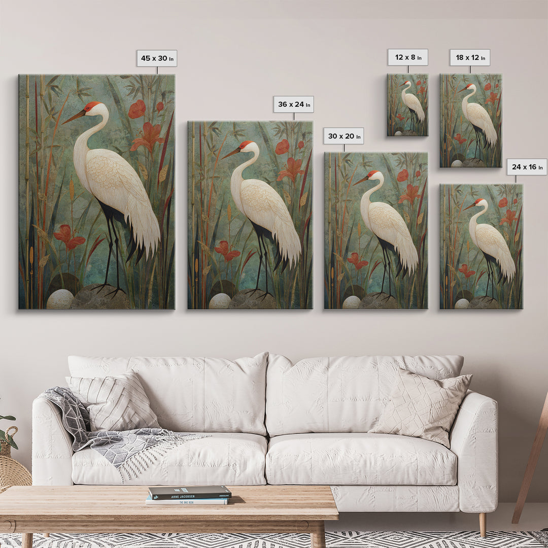 White Crane Standing Canvas Print, Zen Art, Abstract Art, Living Room Decor, Zen, Wabi Sabi Wall Art, Extra Large Wall Art, ZEN-2x3-15