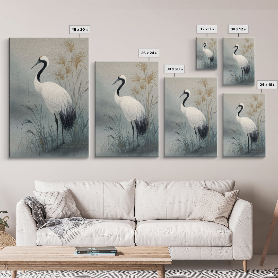 White Crane Standing Canvas Print, Zen Art, Minimalist Wall Art, Living Room Decor, Zen, Fine Art Print, Statement Artwork, ZEN-2x3-39